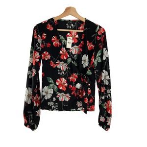 Express Wrap Long Sleeve Floral Blouse Top Black Red